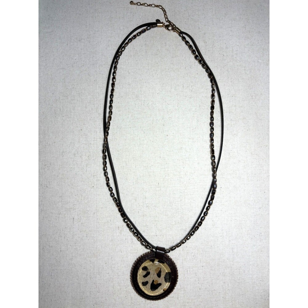 Chico's Necklace brown resin pendant animal print leather chain gold tone 40"